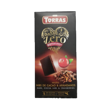 Ciocolata neagra cu merisoare fara zahar si gluten 52% cacao Zero, 125g, Torras