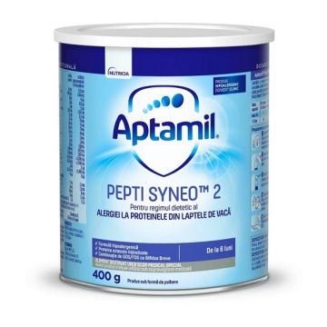 Lapte pentru regimul dietetic al alergiei la proteinele din laptele de vaca de la 6 luni Pepti Syneo 2, 400g, Aptamil