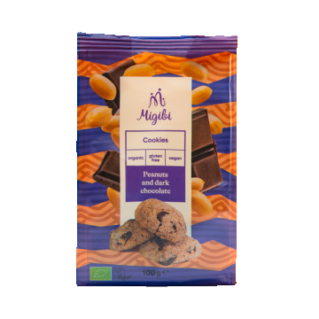 Cookies cu arahide si ciocolata neagra Bio, 100g, Migibi