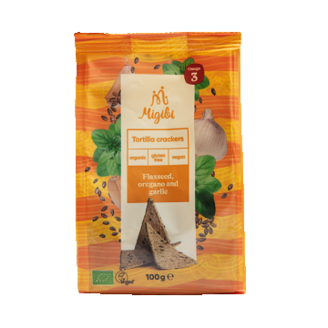 Tortilla crackers din seminte de in cu oregano si usturoi Bio, 100g, Migibi