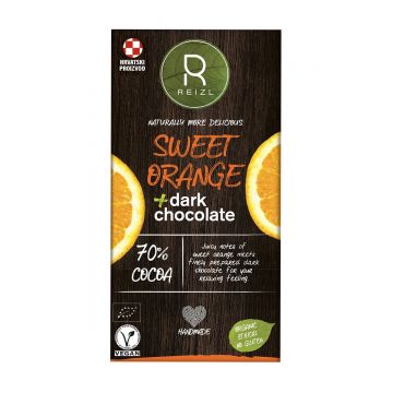 Ciocolata neagra 70% cacao cu Portocala dulce, 70g, Reizl