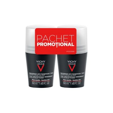 Pachet Deodorant roll-on Homme control extrem, eficacitate 72h, 50 ml, Vichy, 1+1-50%
