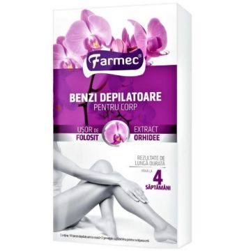 Farmec benzi depilatoare pentru corp cu extract de orhidee - 14 bucati (+2 servetele incluse)