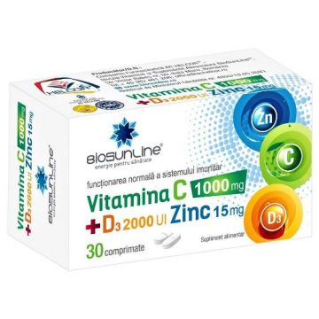 Vitamina C 1000mg + vitamina D3 2000UI + zinc 15mg - 30 comprimate Helcor