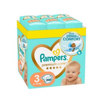 Scutece Premium Care, marimea 3, 6-10 kg, 200 bucati, Pampers