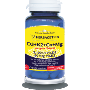 Complex Natural D3+K2+Ca, 30 capsule vegetale, Herbagetica