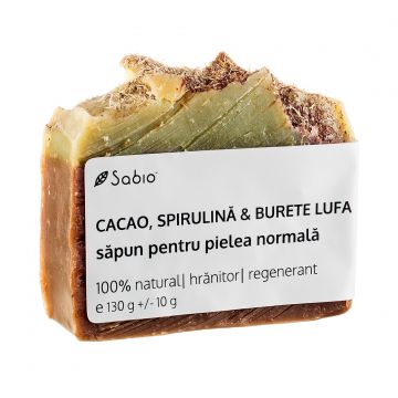 Sapun natural pentru pielea normala cu cacao, spirulina si burete lufa, 130g, Sabio