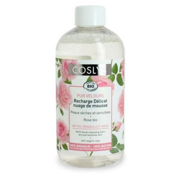 Spuma bio de curatare fara sapun pentru ten uscat si sensibil cu trandafiri (rezerva), 300ml, Coslys