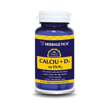Calciu + D3 + Vitamina K2, 120 capsule, Herbagetica