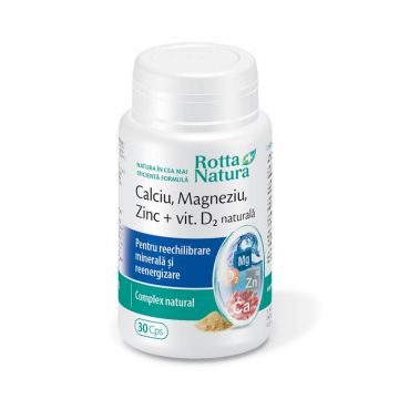 Calciu Magneziu Zinc + Vit. D2 naturală, 30 capsule, Rotta Natura
