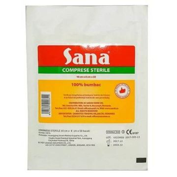Comprese sterile tăiate, 10 x 8 cm, 50 bucăți, Sana