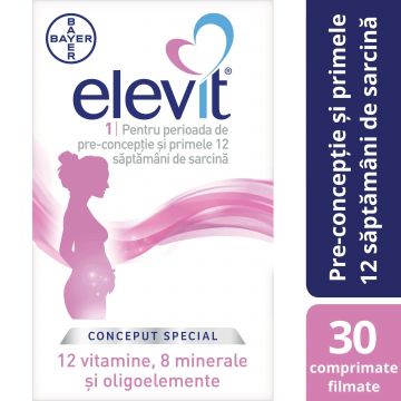 Elevit 1, Multivitamine pentru perioada de pre-conceptie si sarcina – Primul trimestru de sarcina, 30 comprimate, Bayer