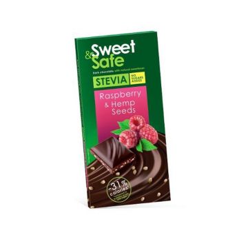 Ciocolata amaruie cu indulcitor natural de stevia Sweet&Safe, seminte de canepa, zmeura, 90 g, Sly Nutritia