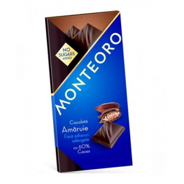 Ciocolata amaruie fara zahar, 90 g, Monteoro