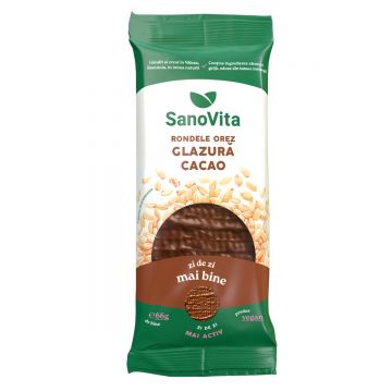 Rondele din orez expandat cu glazura de cacao, 66g, SanoVita