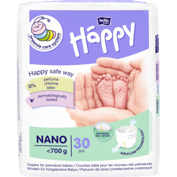 Scutece prematuri cu greutate sub 700g Nano Happy, 30 bucati, Bella Baby