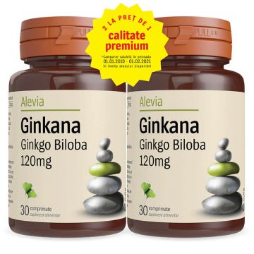 Pachet Ginkana Ginkgo Biloba 120mg, 30 comprimate, Alevia (1+1)