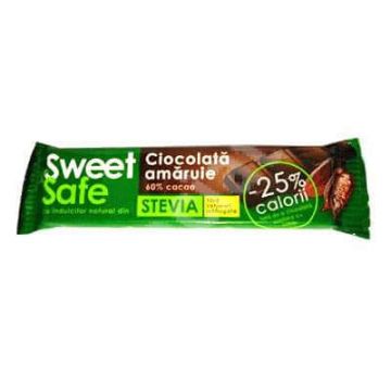 Ciocolata amaruie cu indulcitor natural din stevia Sweet&Safe, 25 g, Sly Nutritia
