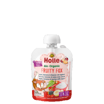 Piure Bio de Mere, Banane si fructe de padure cu iaurt Fruity Fox, 85g, Holle