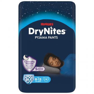 Scutece de noapte pentru bǎieți Drynites, 8-13 ani, 30-48 kg, 9 bucǎți, Huggies 